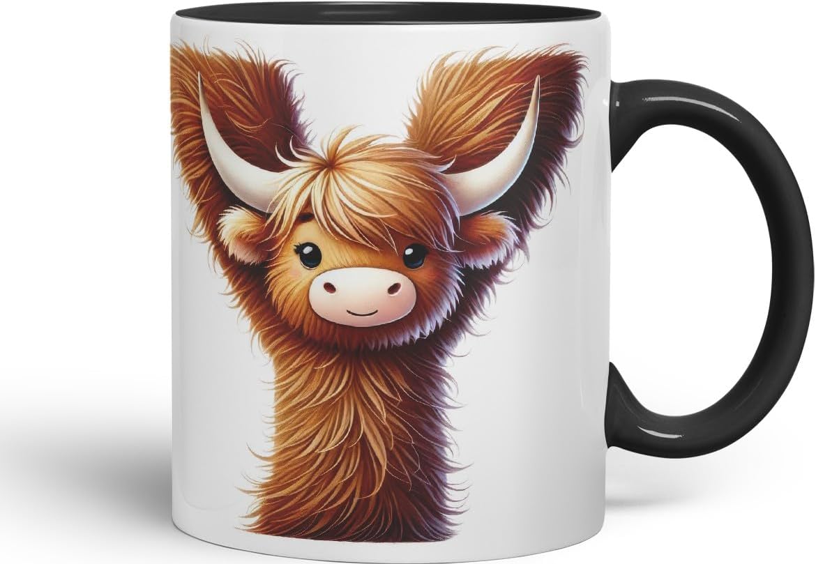 Highland Cow Alphabet Monogram Coloured Ceramic Cup Mug Letter Y Rustic Farmhouse Animal Letter Gift V2 11oz (Black)