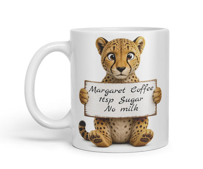 Vixar Personalised Cheetah Mug with Name or Custom Message – Cute Animal Coloured Ceramic Mug Cup Gift, 11oz (Black)