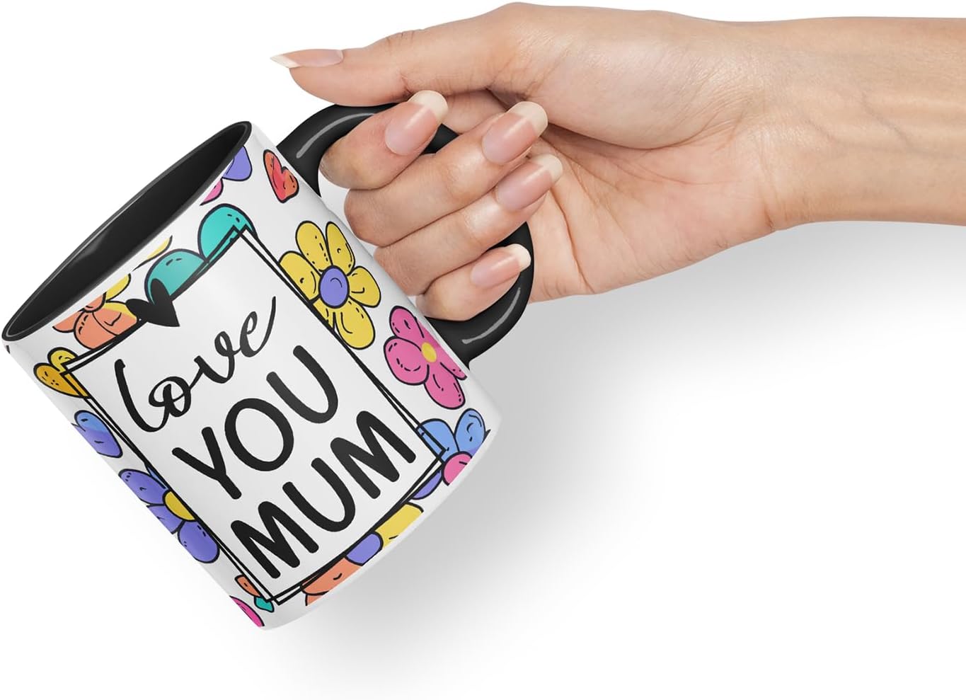 Vixar Love You Mum Colourful Flowers Mug – Coloured Ceramic Mug Cup Gift, 11oz (Black)
