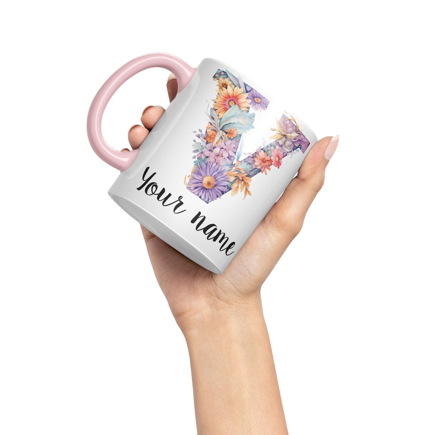 Personalised Letter V mug, Customized Custom Floral flowers butterfly Alphabet Letter V Monogram watercolour Ceramic Coloured Mug Cup for Tea Coffee Hot brew 330ml 11Oz Gift