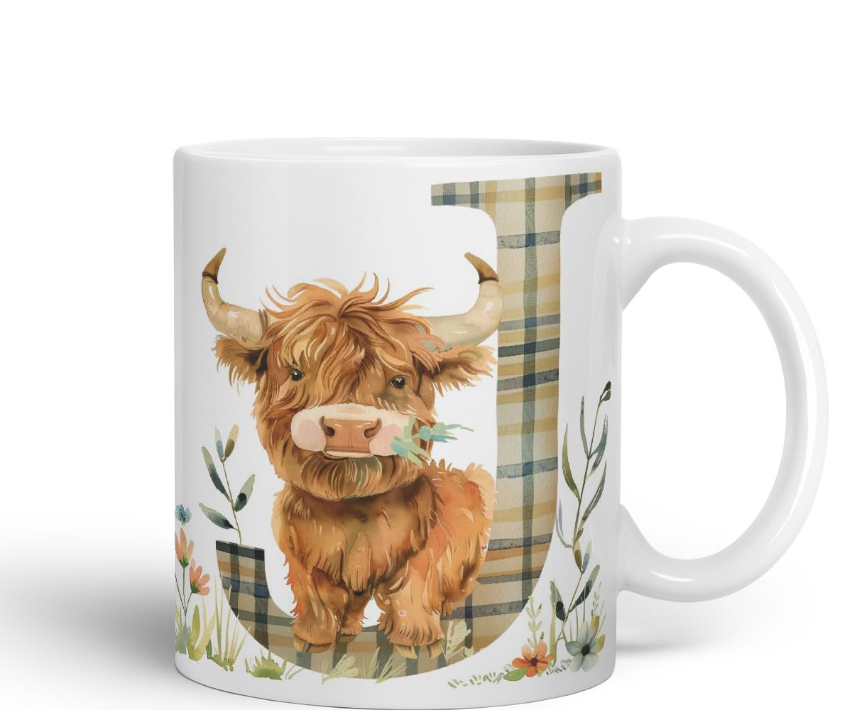 Vixar Highland Cow Alphabet Monogram Coloured Ceramic Cup Mug – Letter J – Rustic Farmhouse Animal Letter Gift – 11oz (Black)