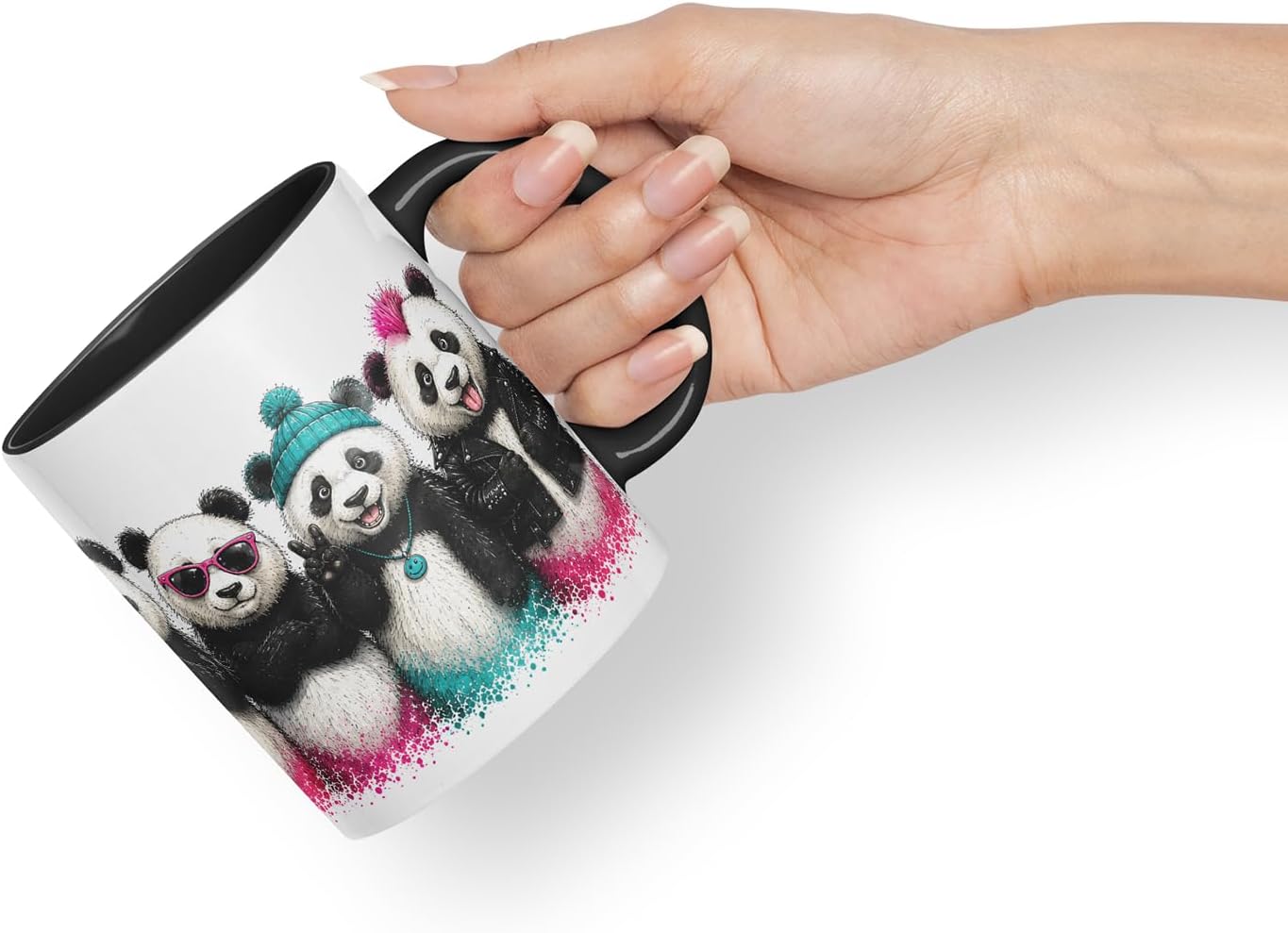 Vixar Pandas Mug – Cute Pandas Coloured Ceramic Mug Cup Gift, 11oz (Black)