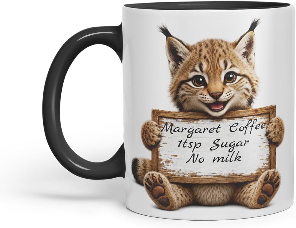 Vixar Personalised Lynx Mug with Name or Custom Message – Cute Animal Coloured Ceramic Mug Cup Gift, 11oz (Black)