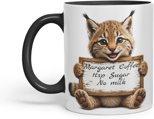 Vixar Personalised Lynx Mug with Name or Custom Message – Cute Animal Coloured Ceramic Mug Cup Gift, 11oz (Black)