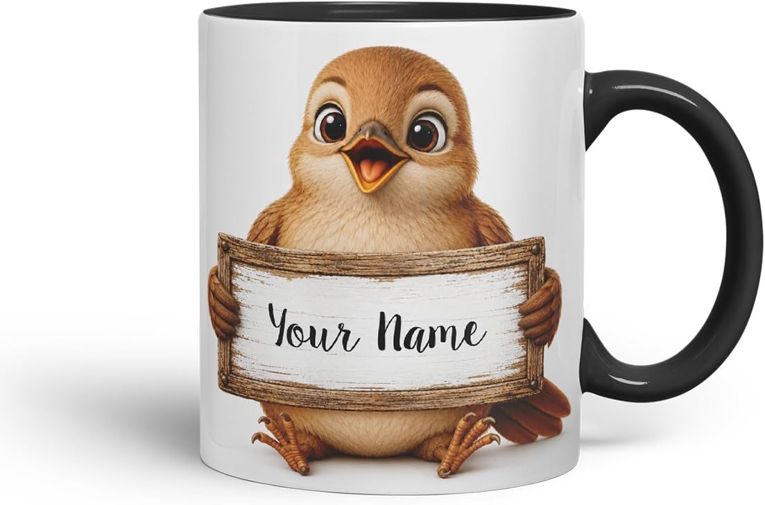 Vixar Personalised Nightingale Mug with Name or Custom Message – Cute Animal Coloured Ceramic Mug Cup Gift, 11oz (Black)