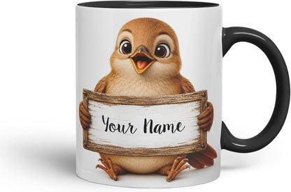 Vixar Personalised Nightingale Mug with Name or Custom Message – Cute Animal Coloured Ceramic Mug Cup Gift, 11oz (Black)