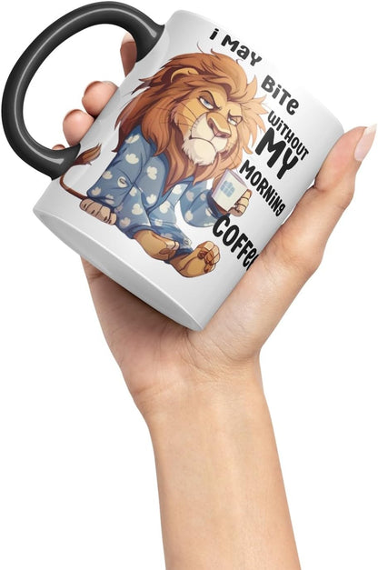 Vixar I May Bite Without My Morning Coffee Sarcastic Lion Coloured Ceramic Mug Cup Gift 11oz (Black)