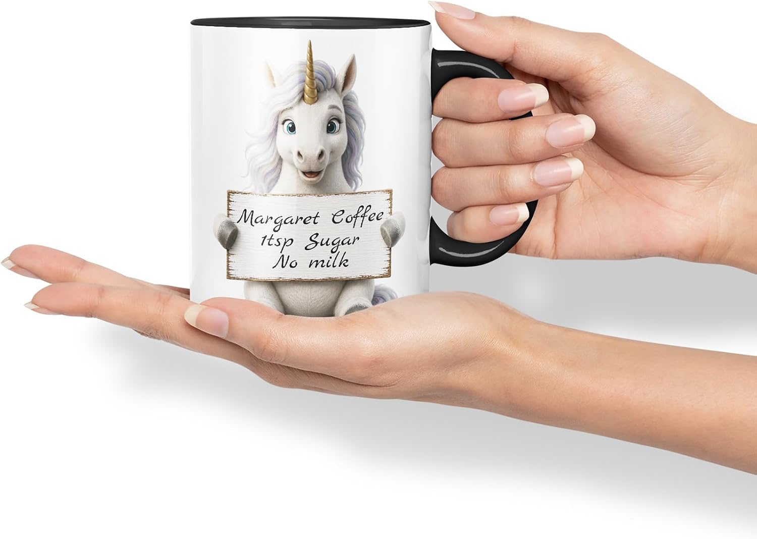 Vixar Personalised Rainbow Unicorn Mug with Name or Custom Message – Cute Animal Coloured Ceramic Mug Cup Gift, 11oz (Black)
