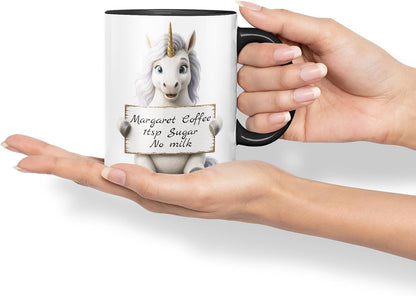Vixar Personalised Rainbow Unicorn Mug with Name or Custom Message – Cute Animal Coloured Ceramic Mug Cup Gift, 11oz (Black)