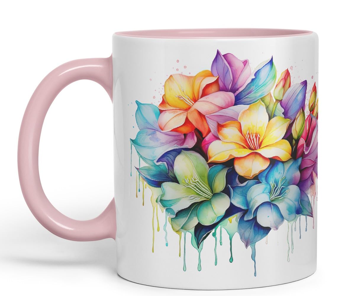 Vixar Gardenia Classic Floral Mug Coloured Ceramic Mug Cup Gift, 11oz (Gold Yellow)