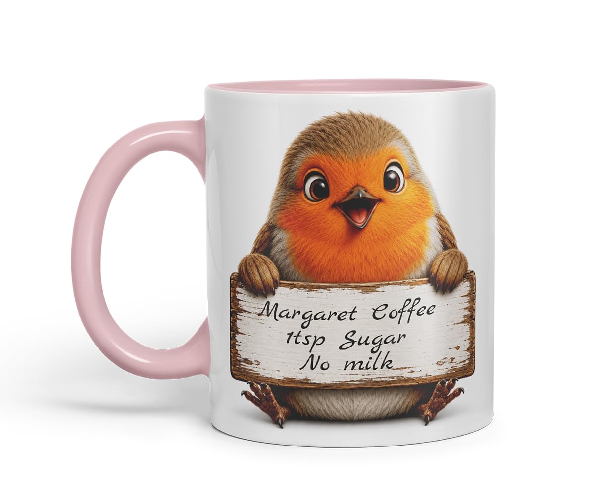 Vixar Personalised Robin Mug with Name or Custom Message – Cute Animal Coloured Ceramic Mug Cup Gift, 11oz (Black)
