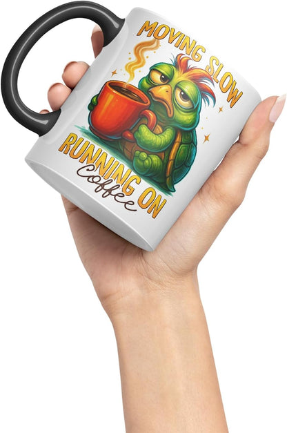 Vixar Moving Slow Running On Coffee Funny Turtle Mug – Coloured Ceramic Mug Cup Gift, 11oz (Black)