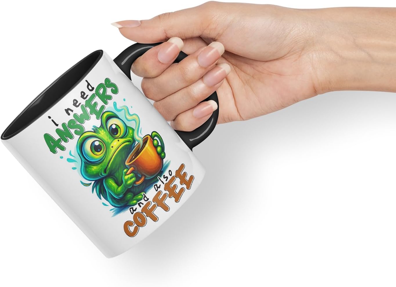 Vixar I Need Answers and Also Coffee Funny Frog Mug – Coloured Ceramic Mug Cup Gift, 11oz (Black)