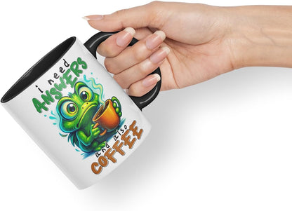 Vixar I Need Answers and Also Coffee Funny Frog Mug – Coloured Ceramic Mug Cup Gift, 11oz (Black)