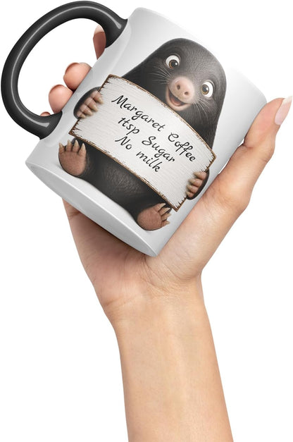 Vixar Personalised Mole Mug with Name or Custom Message – Cute Animal Coloured Ceramic Mug Cup Gift, 11oz (Black)