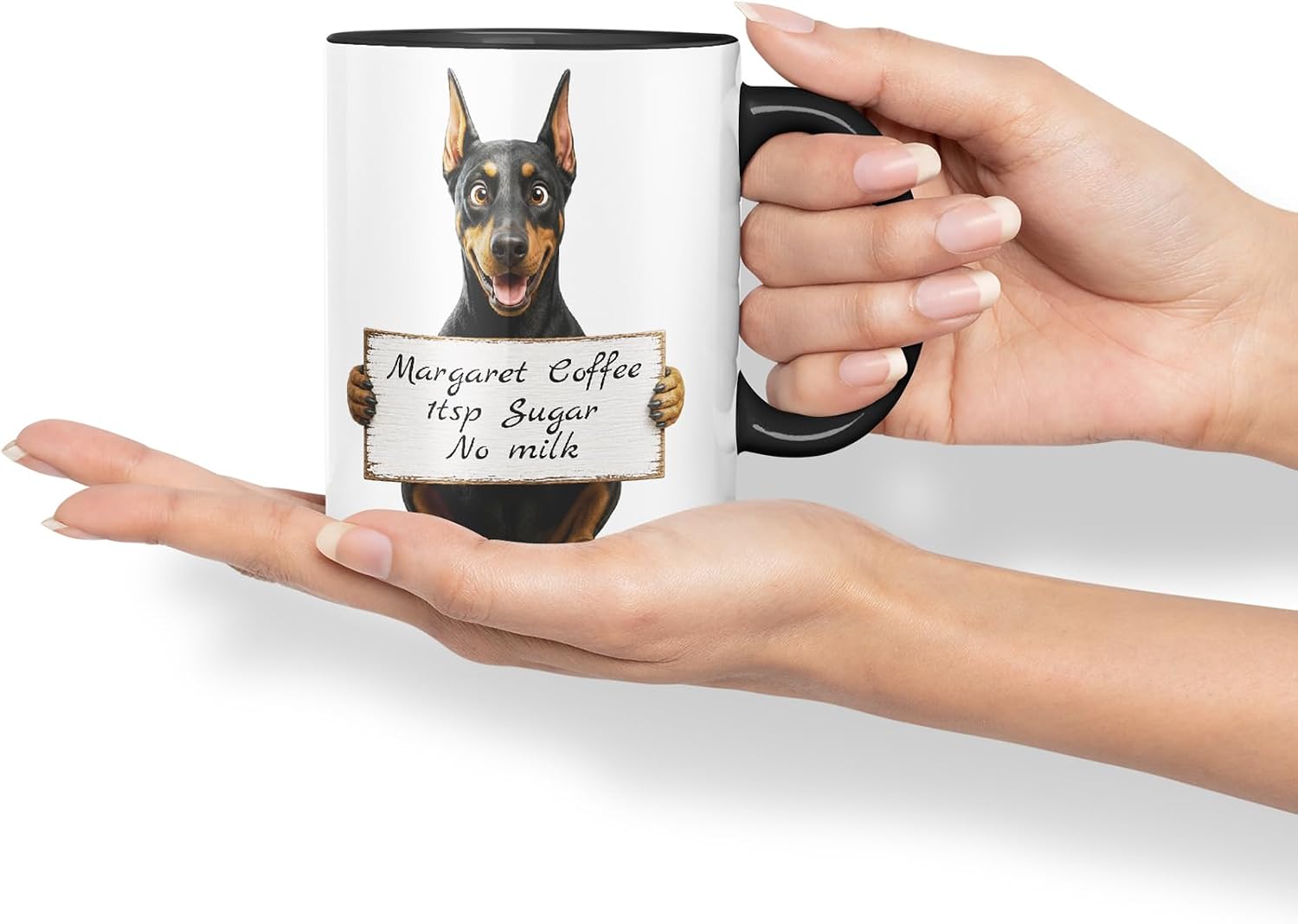 Vixar Personalised Doberman Dog Pet Mug with Name or Custom Message – Cute Animal Coloured Ceramic Mug Cup Gift, 11oz (Black)