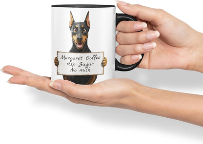 Vixar Personalised Doberman Dog Pet Mug with Name or Custom Message – Cute Animal Coloured Ceramic Mug Cup Gift, 11oz (Black)