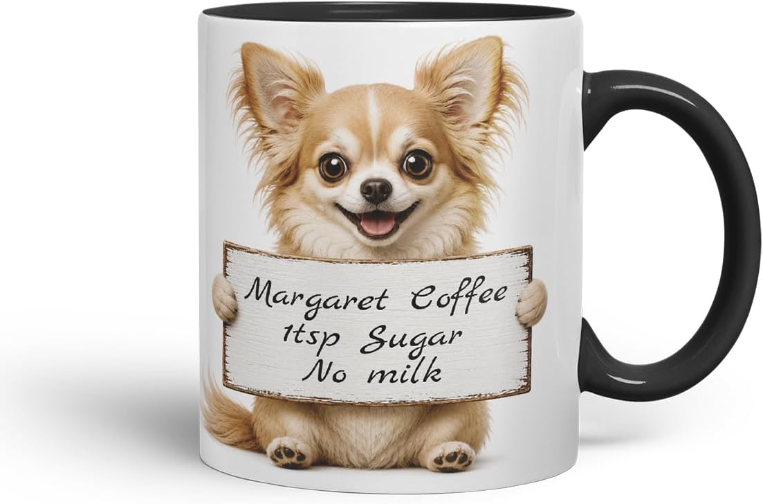 Vixar Personalised Long Hair Chihuahua Mug with Name or Custom Message – Cute Animal Coloured Ceramic Mug Cup Gift, 11oz (Black)