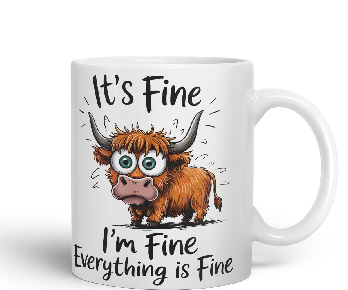 Vixar It's Fine I'm Fine Everything is ..., Highland Cow Scottish Joke Sarcastic Ceramic Coloured Mug Cup 330ml 11Oz (Black)