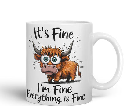 Vixar It's Fine I'm Fine Everything is ..., Highland Cow Scottish Joke Sarcastic Ceramic Coloured Mug Cup 330ml 11Oz (Black)