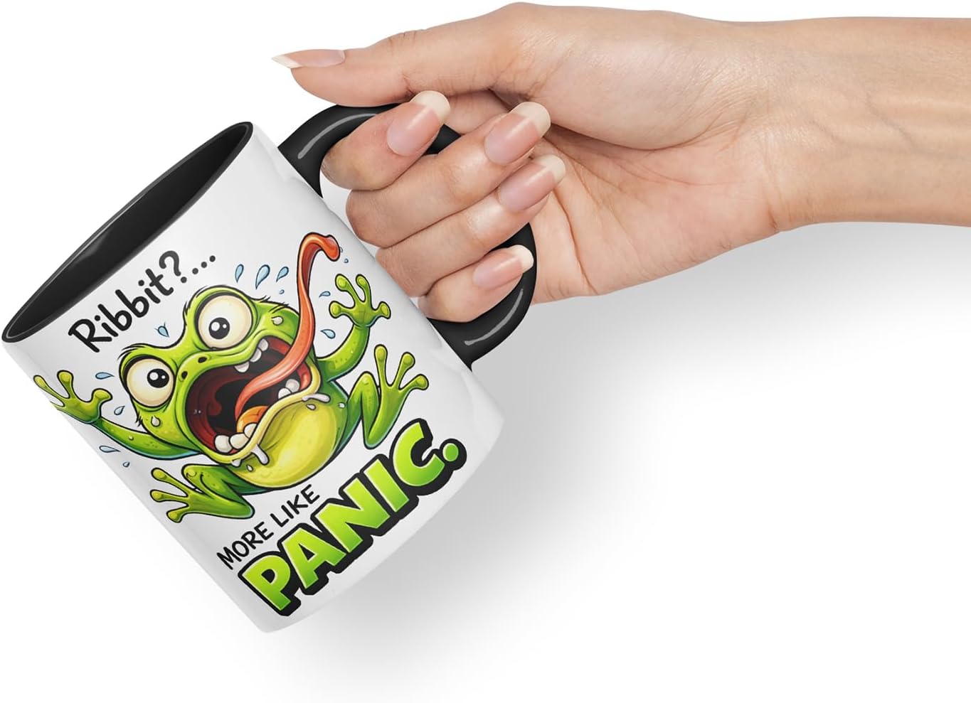 Vixar Ribbit More Like Panic Funny Frog Mug – Coloured Ceramic Mug Cup Gift, 11oz (Black)