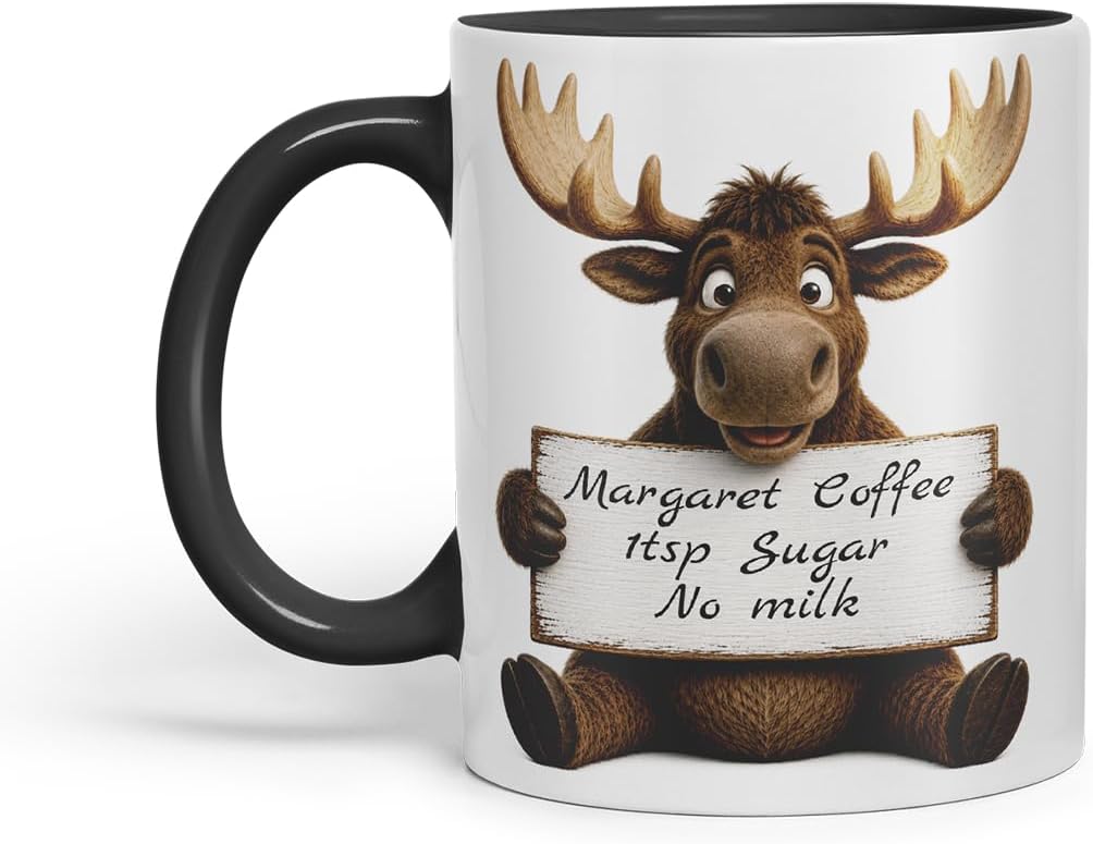 Vixar Personalised Moose Mug with Name or Custom Message – Cute Animal Coloured Ceramic Mug Cup Gift, 11oz (Black)