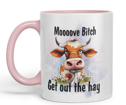 Vixar Moooove Bit.. Get Out The Hay Cow Joke Coloured Ceramic Mug Cup Gift, 11oz (Black)