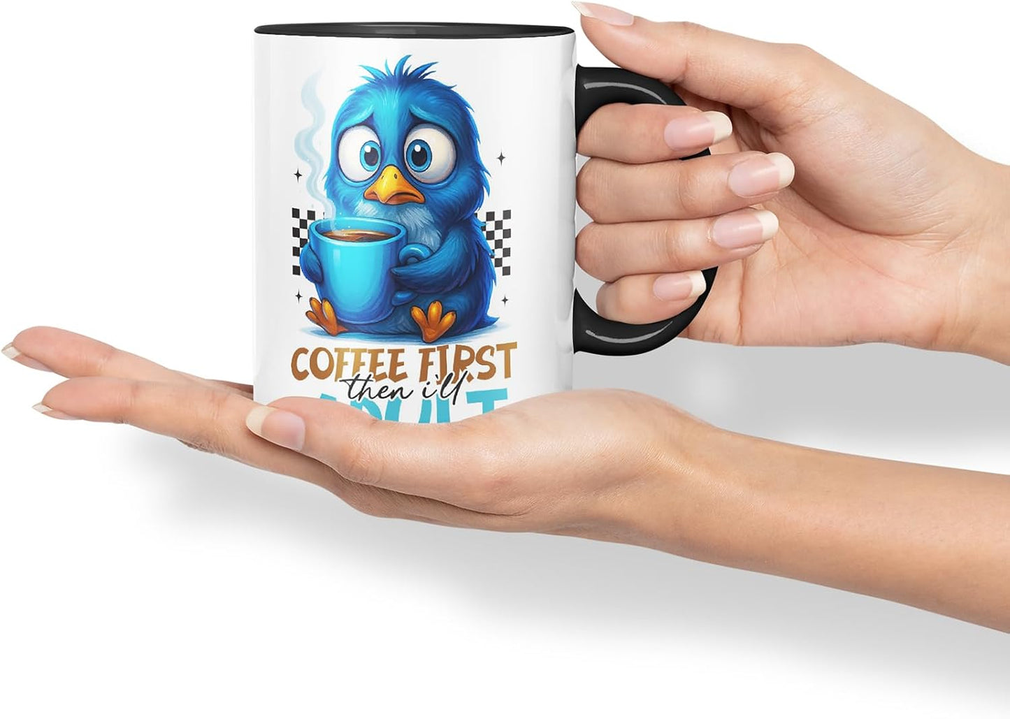 Vixar Coffee First Then I'll Adult Funny Blue Bird Mug – Coloured Ceramic Mug Cup Gift, 11oz (Black)