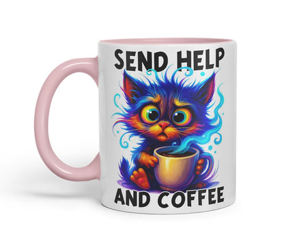 Vixar Send Help and Coffee Funny Cat Coffee Mug – Coloured Ceramic Mug Cup Gift, 11oz (Black)