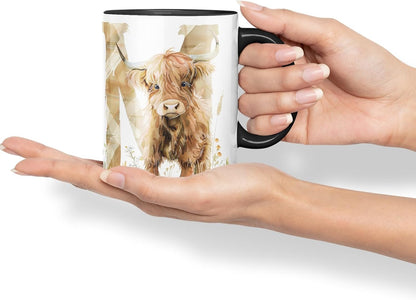 Vixar Highland Cow Alphabet Monogram Coloured Ceramic Cup Mug – Letter M – Rustic Farmhouse Animal Letter Gift – 11oz (Black)