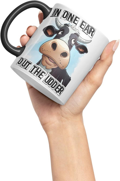 Vixar in One Ear Out The Udder Cow Joke Coloured Ceramic Mug Cup Gift, 11oz (Black)