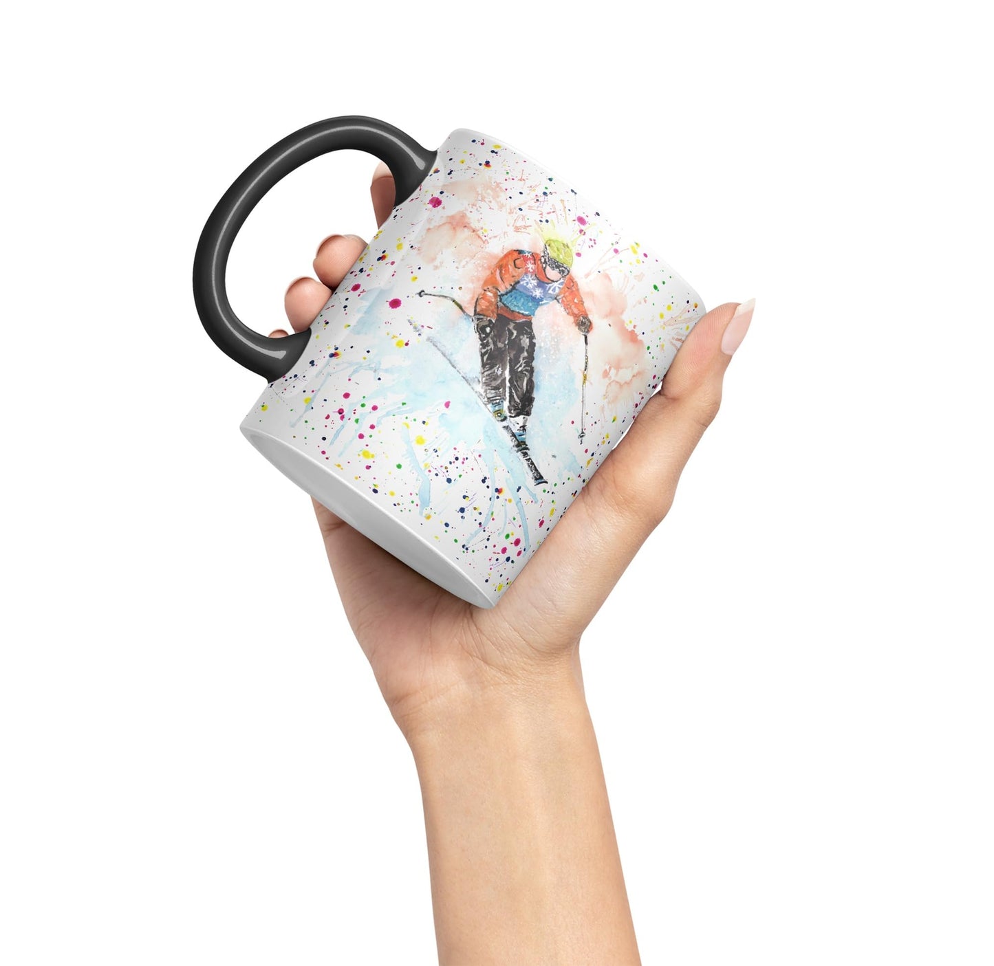 Skiing Ski winter sport watercolour Ceramic Coloured Mug Cup for Tea Coffee Hot brew 330ml 11Oz Gift