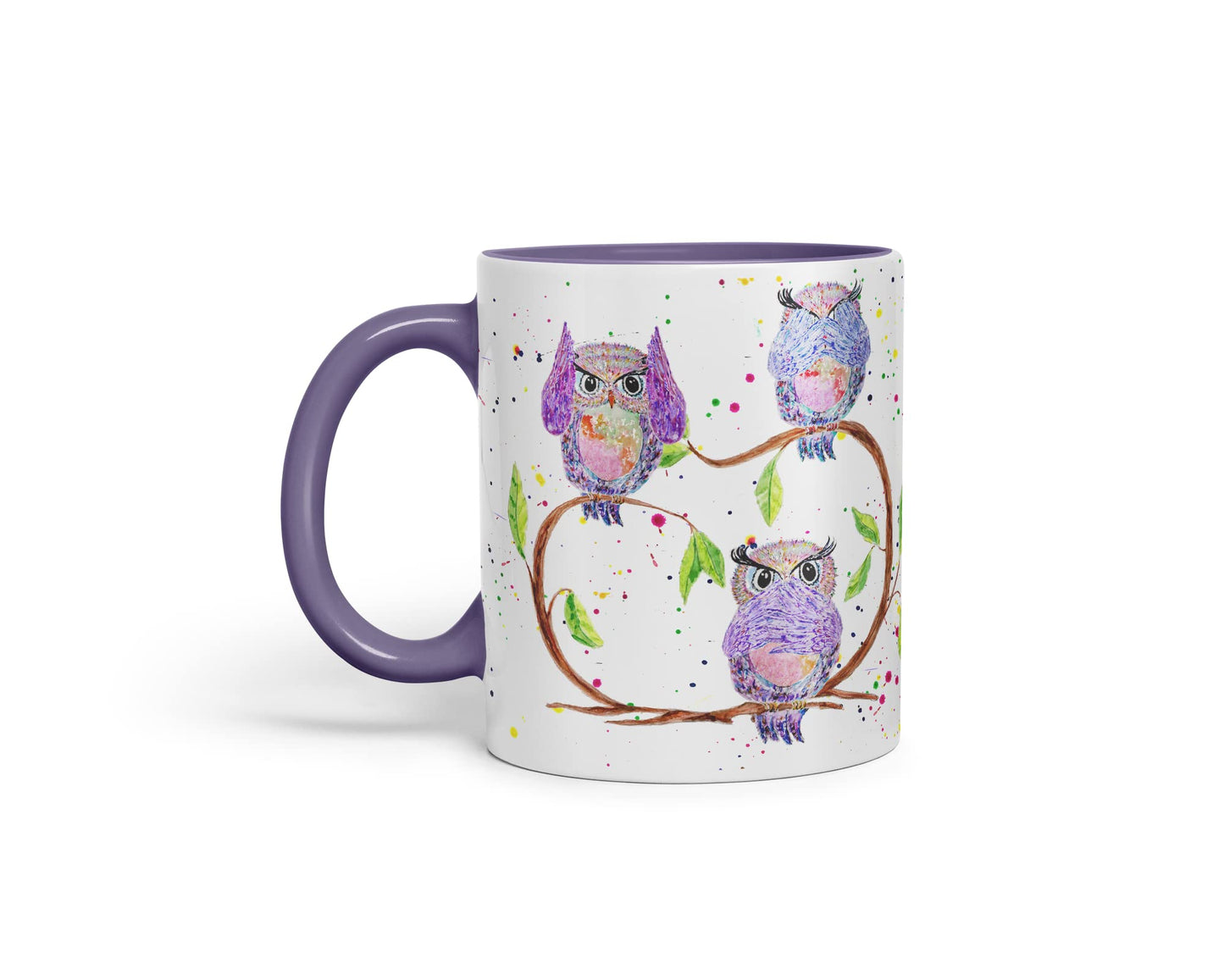 Vixar Owl Owls See Hear Speak no Evil Bird Animals Watercolour Art Coloured Mug Cup Gift Birthday Work Office Tea Coffee