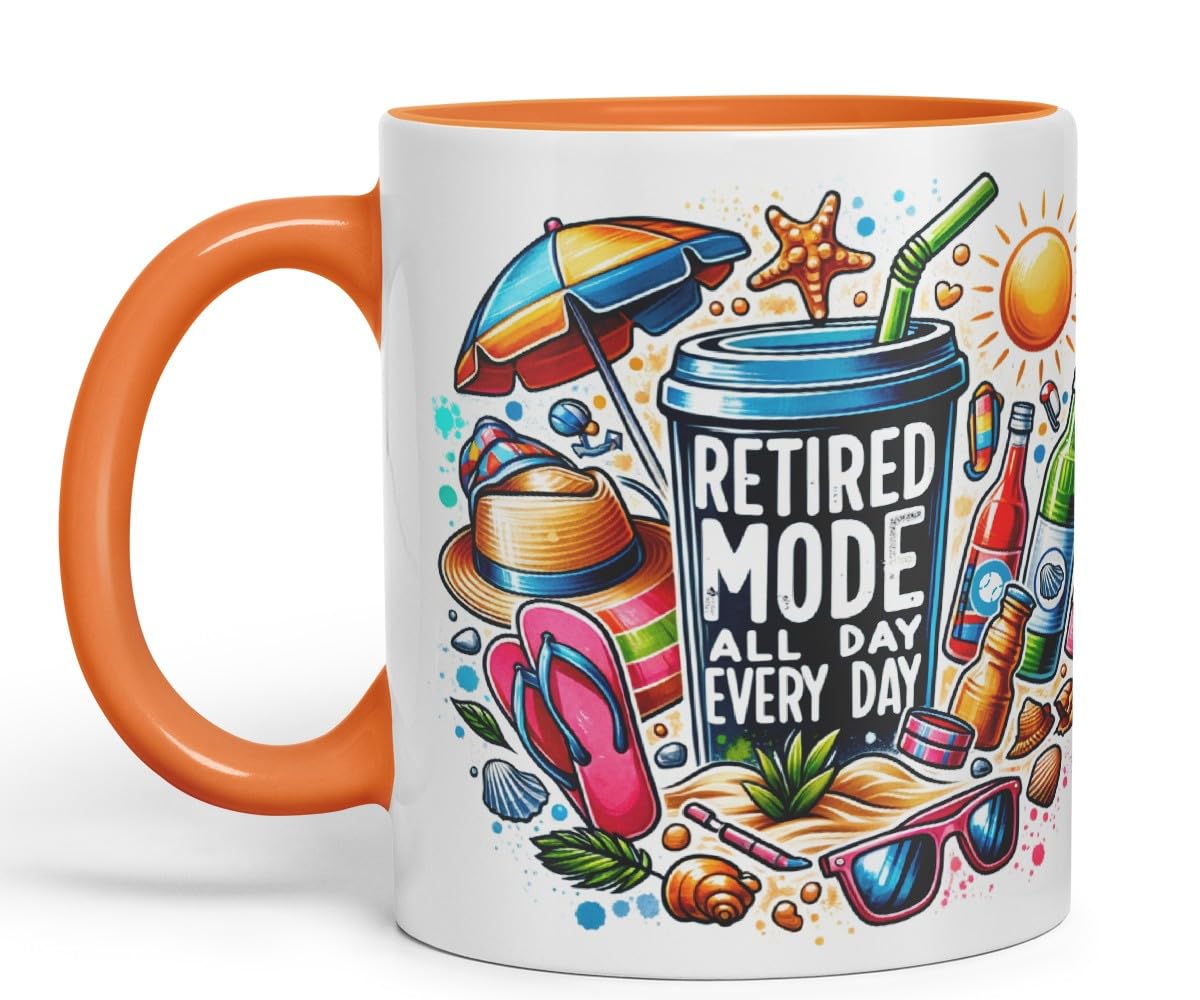 Ceramic Mug “Retired Mode All Day Every Day” with Vacation Theme Coloured Mug Cup 330ml (Black)