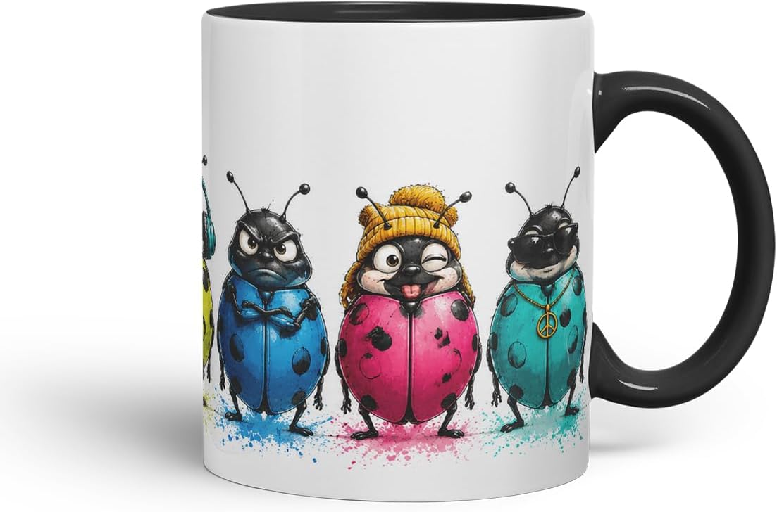 Vixar Ladybird Mug – Cute Ladybug Animal Coloured Ceramic Mug Cup Gift, 11oz (Black)