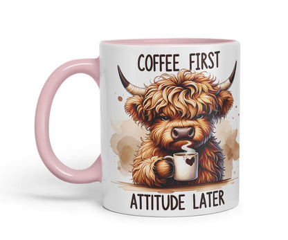 Vixar Coffee First Highland Cow Mug – Coloured Ceramic Mug Cup Gift, 11oz (Black)