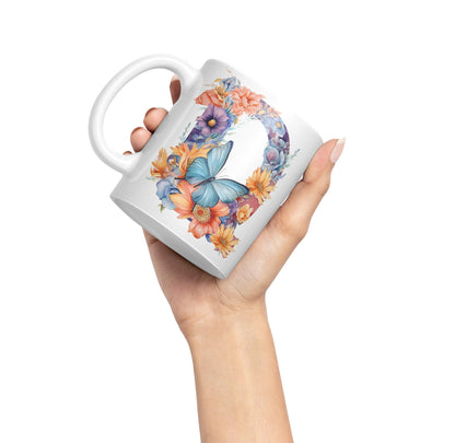 Letter Q mug, Floral flowers butterfly Alphabet Letter Q Monogram watercolour Ceramic Coloured Mug Cup for Tea Coffee Hot brew 330ml 11Oz Gift