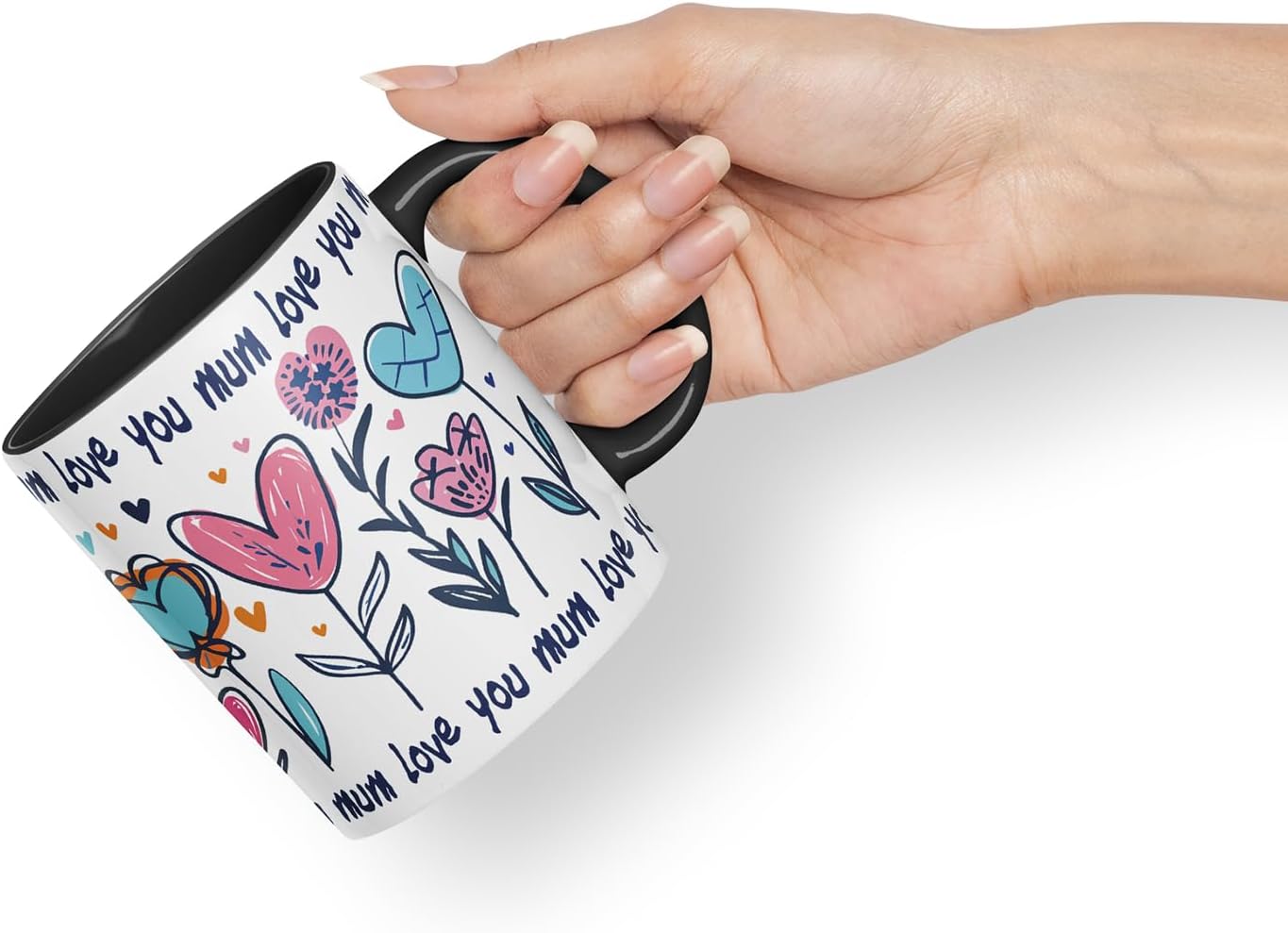 Vixar Love You Mum Floral Hearts Mug – Coloured Ceramic Mug Cup Gift, 11oz (Black)