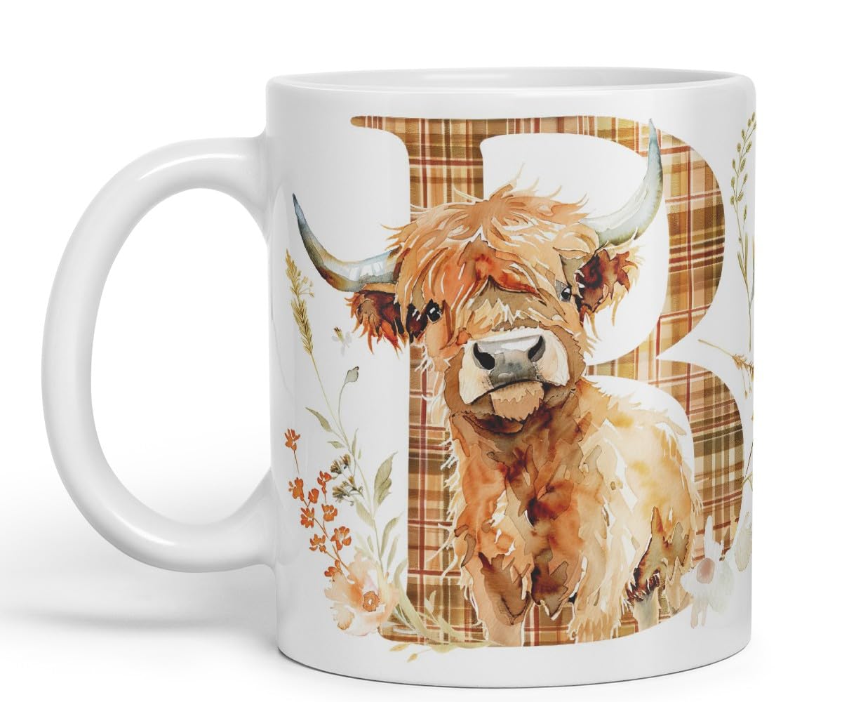 Vixar Highland Cow Alphabet Monogram Coloured Ceramic Cup Mug – Letter B – Rustic Farmhouse Animal Letter Gift – 11oz (Black)