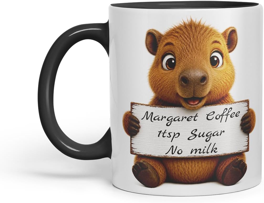 Vixar Personalised Cute Capybara Mug with Name or Custom Message – Cute Animal Coloured Ceramic Mug Cup Gift, 11oz (Black)