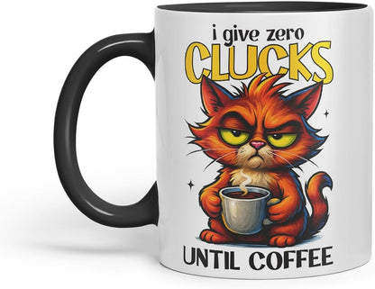 Vixar I Give Zero Clucks Until Coffee Funny Cat Mug – Coloured Ceramic Mug Cup Gift, 11oz (Black)