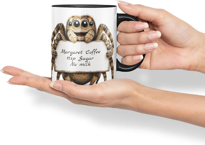 Vixar Personalised Spider Mug with Name or Custom Message – Cute Animal Coloured Ceramic Mug Cup Gift, 11oz (Black)