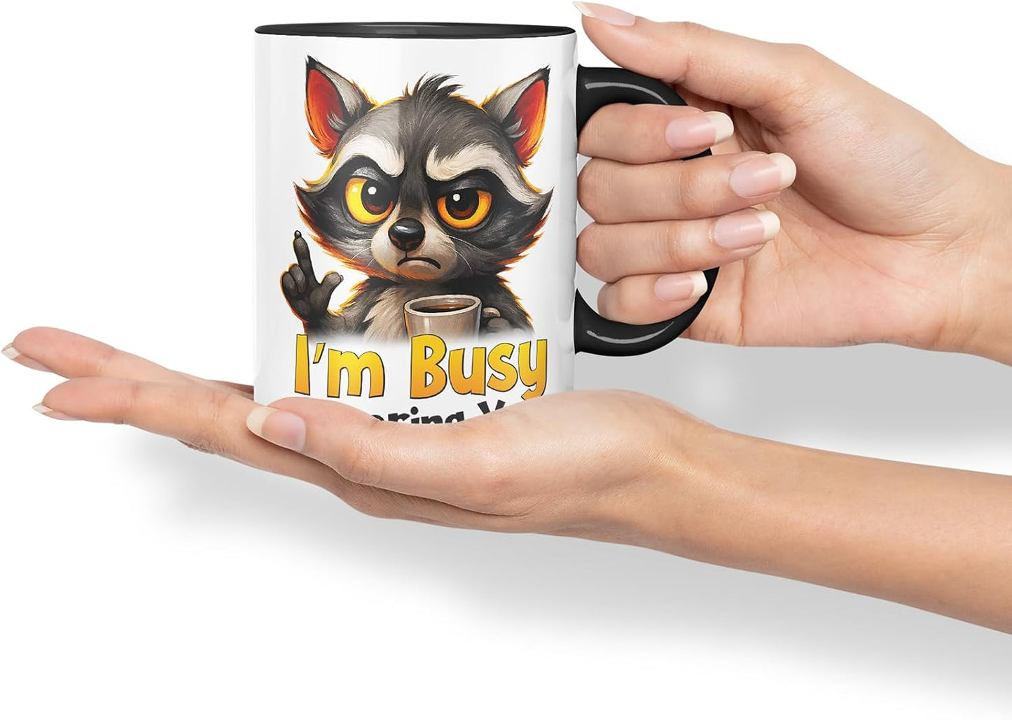 Vixar I'm Busy Ignoring You Sarcastic Raccoon – Coloured Ceramic Mug Cup Gift, 11oz (Black)