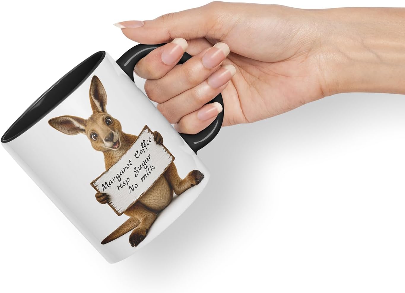 Vixar Personalised Kangaroo Mug with Name or Custom Message – Cute Animal Coloured Ceramic Mug Cup Gift, 11oz (Black)
