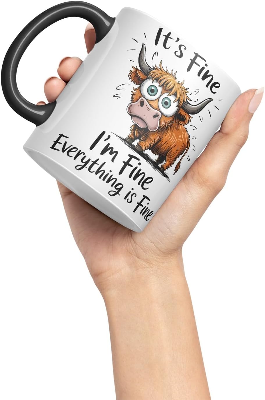 Vixar It's Fine I'm Fine Everything is ..., Highland Cow Scottish Joke Sarcastic Ceramic Coloured Mug Cup 330ml 11Oz (Black)