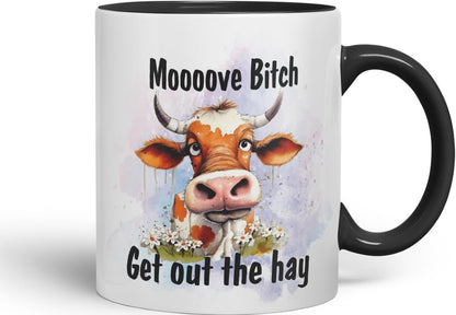 Vixar Moooove Bit.. Get Out The Hay Cow Joke Coloured Ceramic Mug Cup Gift, 11oz (Black)