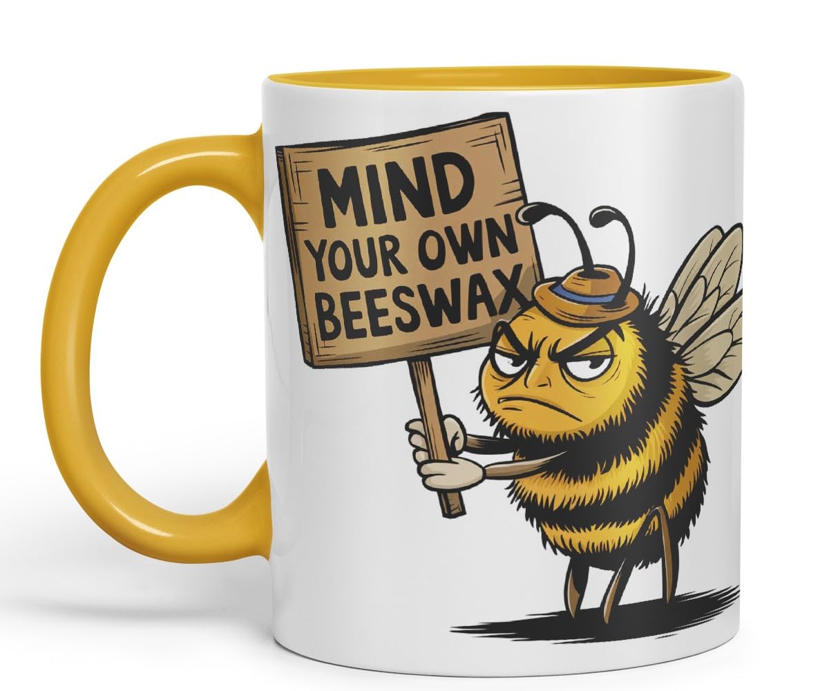 Vixar Mind Your Own Beeswax – Coloured Ceramic Mug Cup Gift, 11oz (Black)