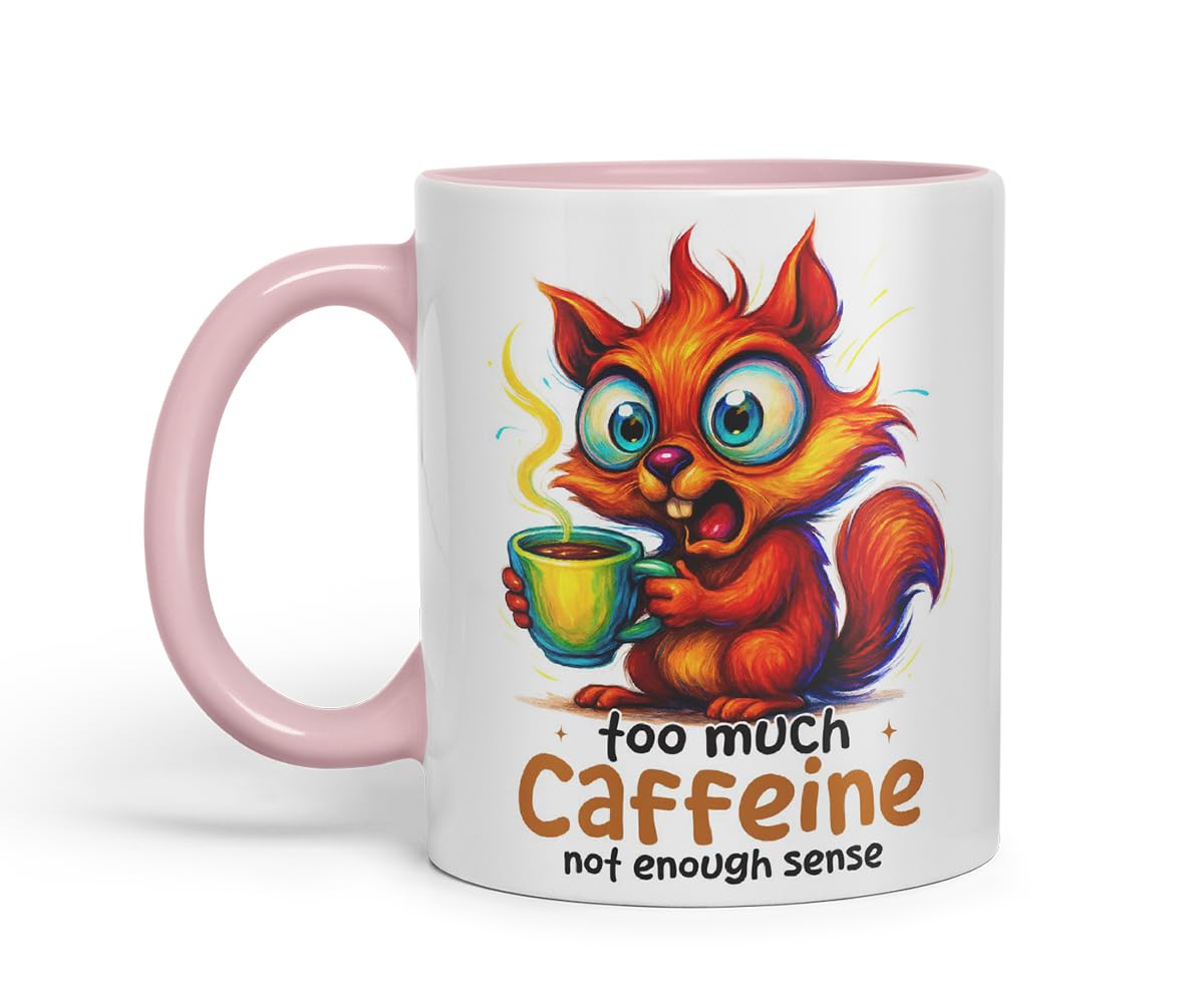 Vixar Too Much Caffeine Not Enough Sense Funny Squirrel Coffee Mug – Coloured Ceramic Mug Cup Gift, 11oz (Black)