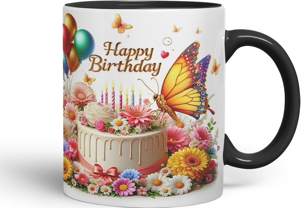 Vixar Happy Birthday Cake and Balloons Coloured Ceramic Mug Cup Gift 11oz V3 (Black)