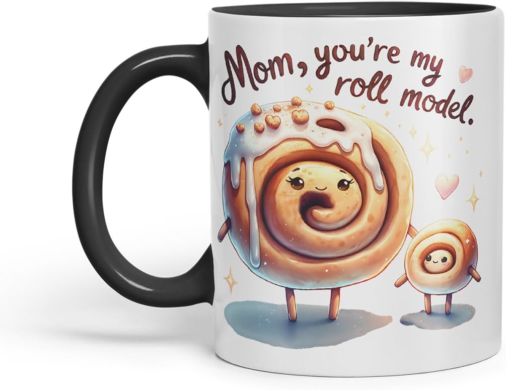 Vixar Mom You're My Roll Model Funny Cinnamon Roll Mother Mum Mug – Coloured Ceramic Mug Cup Gift, 11oz (Black)